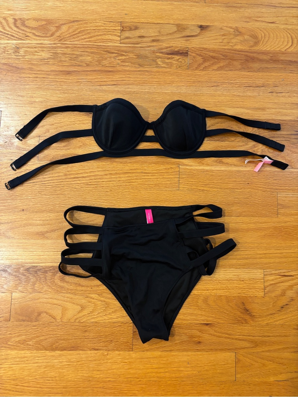 Victoria’s Secret Black Strappy Cut Out High Waisted Bikini Set 34B M